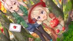  2girls ame. ayanami_(azur_lane) azur_lane bangs basket black_legwear blue_footwear blue_shorts blush boots brown_eyes brown_shirt brown_vest commentary_request day eyebrows_visible_through_hair fly_agaric forest green_jacket grey_shirt hair_between_eyes headgear highres holding jacket legwear_under_shorts light_brown_hair long_hair multiple_girls mushroom nature open_clothes open_jacket open_mouth outdoors pantyhose parted_lips pointy_ears ponytail purple_eyes shirt short_shorts shorts standing tree vest z23_(azur_lane) 