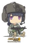  1girl american_flag blue_hair boots camouflage cigarette combat_boots gun h&amp;k_mp5 headset helmet military military_uniform original purple_eyes sitting smoking speaker submachine_gun tantu_(tc1995) uniform weapon 