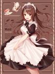  1girl :d absurdres apron black_dress black_neckwear bow bowtie breasts brown_eyes brown_hair cookie cup dress english_text food highres idolmaster idolmaster_cinderella_girls long_dress long_hair looking_at_viewer maid maid_apron maid_headdress medium_breasts munseonghwa open_mouth puffy_short_sleeves puffy_sleeves saucer shimamura_uzuki short_sleeves smile solo spilling tea teacup two_side_up wing_collar 