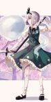  1girl absurdres black_bow black_bowtie black_hairband black_shoes blue_eyes bow bowtie breasts cherry_blossoms closed_mouth collared_shirt commentary_request dual_wielding frilled_skirt frills green_skirt green_vest grey_hair hairband highres hitodama hitodama_print holding holding_sword holding_weapon katana konpaku_youmu konpaku_youmu_(ghost) konpota_(pixiv_113398422) looking_to_the_side mary_janes multiple_swords puffy_short_sleeves puffy_sleeves sheath shirt shoes short_sleeves skirt skirt_set socks solo sword touhou unsheathing vest weapon weapon_on_back white_shirt white_socks 