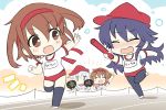  4girls akatsuki_(kantai_collection) baton black_legwear brown_hair buruma chibi closed_eyes commentary_request gym_uniform hair_ornament hairband hairclip hibiki_(kantai_collection) hizuki_yayoi ikazuchi_(kantai_collection) inazuma_(kantai_collection) kantai_collection long_hair messy_hair multiple_girls name_tag open_mouth pantyhose purple_hair red_buruma red_hairband red_headwear running short_hair smile thighhighs 