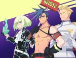  3boys androgynous blonde_hair blue_hair chest closed_eyes cocoda cravat crossed_arms fire galo_thymos green_fire green_hair holding holding_paper kray_foresight lio_fotia mad_burnish male_focus multiple_boys paper promare purple_fire pyrokinesis shirtless sign spiked_hair uniform 