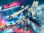  3d asteroid axis_(gundam) bazooka_(gundam) beam_cannon burning char&#039;s_counterattack commentary_request earth_(planet) earth_federation energy energy_field explosion fin_funnels fire glowing gundam hiropon_(tasogare_no_puu) holding holding_weapon machinery mecha mecha_focus mobile_suit no_humans nu_gundam photo_background planet realistic robot science_fiction shield solo space spoilers v-fin weapon zero_gravity 