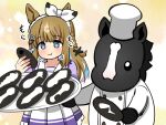  1girl :t almond_eye_(umamusume) animal animal_ears aramori_susumu black_ribbon blue_eyes blue_hair bow braid brown_hair chef chef_hat chibi clothed_animal colored_inner_hair cross-shaped_pupils eating eclair_(food) equinox_(racehorse) flat_top_chef_hat food hair_bow hair_ornament hair_ribbon hairclip hat highres holding holding_food holding_plate horse horse_ears horse_girl long_hair long_sleeves motion_lines multicolored_hair name_connection object_namesake plate pleated_skirt puffy_sleeves purple_hair purple_shirt real_life ribbon sailor_collar school_uniform shirt single_braid skirt summer_uniform symbol-shaped_pupils tracen_school_uniform umamusume white_background white_bow white_sailor_collar white_skirt 