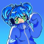  bandaid bandaid_on_cheek bandaid_on_face blue_background blue_hair blue_track_suit blush cosplay ene_(kagerou_project) ene_(kagerou_project)_(cosplay) faydee gradient_background green_eyes hair_over_one_eye headphones highres izumi_konata kagerou_project lucky_star messy_hair mole mole_under_eye open_mouth short_twintails signature smile track_suit twintails 