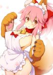  1girl animal_ear_fluff animal_ears apron bangs bell bell_collar blush bow breasts cat_paws cleavage collar fate/extra fate/grand_order fate_(series) fox_ears fox_girl fox_tail frills gloves hair_bow jingle_bell kurikara large_breasts long_hair looking_at_viewer maid_headdress naked_apron open_mouth paw_gloves paw_print paws pink_hair ponytail red_bow sideboob sidelocks simple_background solo tail tamamo_(fate)_(all) tamamo_cat_(fate) white_background yellow_eyes 