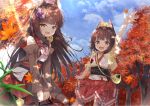  2girls :d animal_ears arm_up autumn autumn_leaves azur_lane bag bare_shoulders bird blue_sky brown_hair chick cloud commentary_request day forest fox_ears hair_ornament handbag holding jacket leaf loli_ta1582 long_hair looking_at_viewer manjuu_(azur_lane) maple_leaf multiple_girls mutsu_(azur_lane) nagato_(azur_lane) nature nontraditional_miko obi open_clothes open_jacket open_mouth outdoors pantyhose red_skirt sash short_hair shoulder_bag skirt sky smile standing sunlight tree tree_shade yellow_eyes 