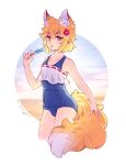  1elda1 1girl animal_ear_fluff animal_ears bare_shoulders blonde_hair blue_swimsuit blush circle cowboy_shot dripping eyebrows_visible_through_hair flower food fox_ears fox_tail hair_between_eyes hair_ornament ice_cream looking_at_viewer melting one-piece_swimsuit open_mouth popsicle saliva school_swimsuit see-through senko_(sewayaki_kitsune_no_senko-san) sewayaki_kitsune_no_senko-san short_hair simple_background solo sweat swimsuit tail tongue tongue_out twitter_username wet wet_clothes wet_swimsuit yellow_eyes 