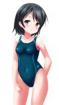  1girl ass_visible_through_thighs black_eyes black_hair blue_swimsuit breasts collarbone competition_swimsuit contrapposto covered_navel cowboy_shot highres kaze_makase looking_to_the_side one-piece_swimsuit original pout short_hair simple_background small_breasts solo standing swimsuit white_background 