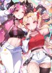  2girls alternate_costume bangs black_hair blonde_hair breasts casual cleavage contemporary ereshkigal_(fate/grand_order) eyewear_on_head fate/grand_order fate_(series) fishnet_legwear fishnets heart heart-shaped_eyewear ishtar_(fate/grand_order) ishtar_(swimsuit_rider)_(fate) kanola_u long_hair looking_at_viewer midriff multiple_girls pants parted_bangs red_eyes shorts toosaka_rin two_side_up very_long_hair 