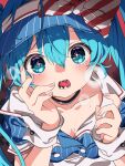  1girl black_choker blue_dress blue_eyes blue_hair blue_hat blush bow breasts buttons choker commentary_request dress fingernails hair_between_eyes hands_up hat hat_bow hatsune_miku highres irasutogakari looking_at_viewer mesmerizer_(vocaloid) open_mouth pinstripe_dress pinstripe_hat pinstripe_pattern red_bow sharp_teeth short_sleeves small_breasts solo star_(symbol) star_in_eye striped_bow symbol_in_eye teeth two-tone_bow upper_body visor_cap vocaloid white_bow white_wrist_cuffs wrist_cuffs 
