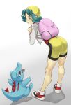  1girl absurdres aqua_eyes aqua_hair arms_up backpack bag bent_over bike_shorts blush closed_mouth crystal_(pokemon) from_behind full_body gen_2_pokemon gradient gradient_background hand_up happy hat highres jacket kneepits long_sleeves looking_at_another looking_at_viewer looking_back looking_up nose_blush open_mouth pokemon pokemon_(creature) pokemon_(game) pokemon_gsc red_eyes red_footwear red_shirt sharp_teeth shiny shiny_clothes shiny_hair shiny_skin shirt shoes simple_background smile standing teeth tied_hair totodile turiganesou800 twintails white_background white_jacket yellow_headwear 
