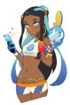  1girl armband armlet black_hair blue_eyes blue_hair breasts commentary dark_skin digital_media_player earrings eighth_note english_commentary food gen_8_pokemon gloves gym_leader halphelt highres hoop_earrings jewelry licking long_hair multicolored_hair musical_note navel pokemon pokemon_(creature) pokemon_(game) pokemon_swsh popsicle rurina_(pokemon) simple_background single_glove small_breasts sobble standing swimsuit two-tone_hair very_long_hair white_background wristband 