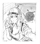  1girl ? baseball_cap breasts cleavage closed_mouth commentary_request cropped_jacket female_protagonist_(pokemon_go) gen_1_pokemon hat kotoyama long_hair looking_at_viewer monochrome pokemon pokemon_(creature) pokemon_(game) pokemon_go ponytail self_shot venonat 