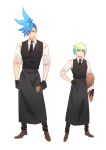  2boys apron black_gloves blue_eyes blue_hair foo_(wei) full_body galo_thymos gloves green_hair highres lio_fotia male_focus multiple_boys necktie promare purple_eyes spiked_hair standing vest waistcoat waiter white_background 