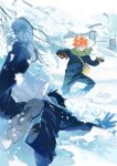  2boys atie1225 bare_tree black_gloves black_hair black_jacket black_pants blue_gloves blue_scarf blush brown_gloves closed_eyes commentary gloves green_bag green_scarf haikyuu!! hair_between_eyes highres hinata_shouyou holding holding_snowball jacket kageyama_tobio long_sleeves male_focus multiple_boys orange_hair pants scarf shoes short_hair snow snow_on_tree snowball snowball_fight symbol-only_commentary tree tripping two-tone_gloves white_bag white_shoes winter 