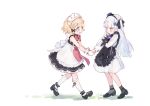  2girls apron black_footwear blonde_hair blue_eyes blush cat commentary_request frilled_skirt frills g36_(girls_frontline) girls_frontline glasses green_eyes hk416_(girls_frontline) holding_hands lolita_fashion long_hair maid maid_apron maid_headdress multiple_girls shoes short_hair shuzi silver_hair skirt socks younger 