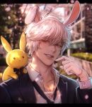  1boy absurdres animal_ears asya_(krizless) black_jacket black_necktie collarbone collared_shirt english_commentary formal glove_pull highres jacket letterboxed looking_to_the_side male_focus necktie parted_lips pectoral_cleavage pectorals petals portrait rabbit_boy rabbit_ears shirt smile solo stuffed_animal stuffed_bunny stuffed_toy suit tsunderia twitter_username uzuki_tomoya virtual_youtuber white_shirt yellow_eyes 