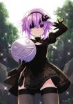  1girl artist_name binato_lulu black_legwear blindfold blindfold_lift blush cleavage_cutout cosplay crossover dress emil_(nier) forest gloves hairband holding looking_at_viewer nature neptune_(neptune_series) neptune_(series) nier_(series) nier_automata one_eye_closed puffy_sleeves purple_eyes purple_hair signature smile solo thighhighs yorha_no._2_type_b yorha_no._2_type_b_(cosplay) 