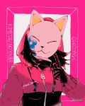  1girl black_gloves black_hair character_name copyright_name covered_face drawstring facing_viewer floral_print fox_mask gloves hood hood_up hooded_jacket jacket kimetsu_no_yaiba long_sleeves makomo_(kimetsu) mask pink_background pink_jacket pink_theme rutu solo turtleneck zipper 