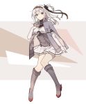  anchor_symbol boots breasts grey_eyes grey_footwear hachimaki hand_on_own_chest headband kantai_collection knee_boots medium_breasts medium_hair pantyhose rudder_footwear school_uniform serafuku shakemi_(sake_mgmgmg) suzutsuki_(kantai_collection) white_hair white_legwear 