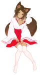  1girl animal_ear_fluff animal_ears braid brown_eyes brown_hair collar commission dark_skin fox_ears fox_tail full_body halphelt highres japanese_clothes long_hair looking_at_viewer miko no_shoes off_shoulder original parted_lips red_ribbon ribbon ribbon-trimmed_sleeves ribbon_trim sitting solo tail thighhighs whisker_markings white_legwear wide_sleeves 