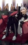  1girl ak-alfa ak-alfa_(girls&#039;_frontline) assault_rifle beer_bottle black_gloves blush bottle ciel_levia_(twitter_username) drunk empty_bottle girls&#039;_frontline gloves gun highres holding holding_bottle holding_gun holding_weapon legs_up mineta_naoki on_chair rifle sitting solo spill weapon white_hair window 