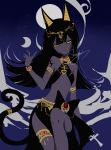  1girl animal_ears ankh armlet artist_name bangs bare_arms bare_shoulders black_hair black_nails black_skirt blue_background blunt_bangs bracelet cat_ears cat_tail circlet earrings eyeshadow feet_out_of_frame flat_chest full_moon hand_up head_tilt highres jewelry long_hair looking_at_viewer makeup midriff moon nail_polish necklace original sheya shoulder_tattoo side_slit signature skirt solo standing stomach tail tattoo thighlet yellow_sclera 