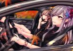  2girls :d autumn_leaves azur_lane bangs black_footwear black_jacket black_shirt black_skirt breasts butterfly_hair_ornament car casual choker collarbone driving dunkerque_(azur_lane) earrings eyebrows_visible_through_hair glint grey_hair ground_vehicle hair_between_eyes hair_ornament interior jacket jean_bart_(azur_lane) jewelry large_breasts long_hair looking_at_viewer medium_breasts mercedes-benz moepush motor_vehicle multiple_girls necklace open_mouth pink_eyes pink_nails ponytail red_eyes ring shirt shoes sidelocks skirt smile smoking turtleneck watch wedding_ring wristwatch 