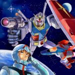 1boy aiming amuro_ray artist_name beam_rifle blue_eyes bodysuit brown_hair closed_mouth commentary_request core_fighter earth_(ornament) earth_federation energy_gun flying gun gundam hand_up helmet holding holding_gun holding_weapon looking_up mecha mecha_pilot_suit miyagawa_zzz mobile_suit mobile_suit_gundam moon normal_suit_(gundam) pilot_helmet purple_eyes robot rx-78-2_gundam science_fiction shield space space_helmet spacecraft spacesuit star_(sky) starfighter v-fin weapon white_bodysuit yasuhiko_yoshikazu_(style) 