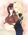  ! 2girls ? ahoge bangs beige_legwear black_sweater blonde_hair blue_legwear blush breasts brown_sweater clothes_lift hair_between_eyes hair_over_shoulder half-closed_eyes hood hoodie hug hug_from_behind iowa_(kantai_collection) kantai_collection long_sleeves multiple_girls pants parted_lips ponytail shima_(aliceanna0518) sidelocks spoken_exclamation_mark spoken_question_mark star star-shaped_pupils sweat sweater sweater_lift swept_bangs symbol-shaped_pupils translated yamato_(kantai_collection) 