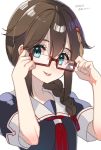  1girl :p adjusting_eyewear black_hair black_serafuku blue_eyes braid brown_hair dated glasses hair_flaps hair_over_shoulder kantai_collection koruri looking_at_viewer remodel_(kantai_collection) school_uniform serafuku shigure_(kantai_collection) single_braid tongue tongue_out twitter_username 