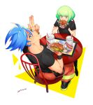  2boys blue_hair chair eating foo_(wei) food food_on_face galo_thymos gloves green_hair half_gloves hamburger highres lio_fotia looking_at_viewer looking_back male_focus multiple_boys promare sitting table wristband 