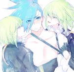  3boys blue_eyes blue_hair blush clone eyes_visible_through_hair galo_thymos gloves green_hair half_gloves highres lio_fotia male_focus multiple_boys promare rei_snow_garden spiked_hair wet yaoi 