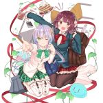  2girls ahoge atelier_(series) atelier_sophie bag black_legwear blueberry bow breasts brown_eyes brown_hair butterfly_hair_ornament cellphone chair chihaya_72 cup diamond-shaped_pupils drinking_glass duffel_bag food fruit garter_straps green_bow green_eyes green_skirt grey_hair hair_ornament highres large_breasts long_hair looking_at_viewer medium_breasts multiple_girls one_eye_closed pancake pantyhose phone plachta plaid plaid_skirt plate red_bow red_skirt short_hair skirt smartphone sophie_neuenmuller strawberry symbol-shaped_pupils thighhighs twintails white_legwear 