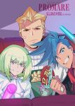  3boys anger_vein blue_hair cocoda copyright_name dated fan galo_thymos glowstick green_hair kray_foresight lio_fotia looking_at_viewer male_focus multiple_boys paper_fan promare purple_eyes red_eyes smile spiked_hair twitter_username uchiwa 