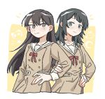  2girls bang_dream! bang_dream!_it&#039;s_mygo!!!!! black_hair blue_eyes blush brown_dress brown_hair closed_mouth commentary_request criangle_k. dress grabbing_another&#039;s_arm hanasakigawa_school_uniform hand_on_own_hip highres long_hair looking_at_viewer medium_hair mole mole_under_eye multiple_girls neck_ribbon purple_eyes red_ribbon ribbon sailor_collar school_uniform shiina_taki upper_body white_sailor_collar yahata_umiri 