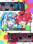  2girls apron arm_up black_choker black_necktie blue_hair blue_hat blush bow bright_pupils buttons choker closed_mouth commentary_request confetti double-breasted dress drill_hair gloves hair_between_eyes hand_on_own_hip hat hat_bow hatsune_miku highres irasutogakari kasane_teto kepi mesmerizer_(vocaloid) military_hat multiple_girls multiple_views necktie one_eye_closed open_mouth pants pinstripe_dress pinstripe_hat pinstripe_pattern red_bow red_hair red_pants sharp_teeth shirt smiley_hat_ornament star-shaped_pupils star_(symbol) striped_bow striped_clothes striped_shirt symbol-shaped_pupils teeth translation_request twin_drills twintails upper_teeth_only utau visor_cap vocaloid waist_apron white_apron white_bow white_pupils worried yellow_gloves 