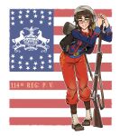 1girl absurdres american_civil_war american_flag american_flag_background ammunition_pouch antique_firearm bedroll belt belt_buckle black_bag black_belt blue_jacket brown_hair buckle caplock english_text firelock gaiters green_eyes grin gun highres historical_american_flag holding holding_gun holding_weapon jacket looking_at_viewer military military_uniform mole mole_above_mouth musket original pants pouch red_pants smile solo weapon willy_pete 