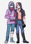  1boy 1girl absurdres alternate_hair_color arm_on_another&#039;s_shoulder belt black_belt black_boots blonde_hair blue_eyes blue_hair blue_pants blue_shoes boots brown_shirt closed_mouth denim full_body half-closed_eyes hands_in_pockets haruki_chise highres hood hood_up hooded_jacket hoodie jacket kagerou_project kano_shuuya kido_tsubomi knee_boots long_hair long_sleeves looking_at_viewer pants pants_rolled_up pants_tucked_in shirt shirt_tucked_in shoes short_hair simple_background smile sneakers standing v white_background 