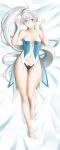  1girl absurdres alfred_cullado ass_visible_through_thighs banned_artist barefoot bed_sheet black_panties blue_eyes blush breasts cleavage closed_mouth collarbone dakimakura eyebrows_visible_through_hair from_above full_body hair_between_eyes high_ponytail highleg highleg_panties highres huge_filesize incredibly_absurdres long_hair looking_at_viewer lying midriff navel on_back panties rwby silver_hair small_breasts smile solo stomach strapless thigh_gap underwear very_long_hair weiss_schnee 