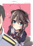  1boy 1girl absurdres admiral_(kantai_collection) animal_ears blue_eyes blush braid brown_hair closed_mouth commentary_request dog_ears dog_tail dress_shirt epaulettes eyebrows_visible_through_hair hair_between_eyes hair_flaps hair_ornament hair_over_shoulder hair_ribbon highres kantai_collection kemonomimi_mode long_hair looking_at_viewer military military_uniform naval_uniform pleated_skirt remodel_(kantai_collection) ribbon school_uniform serafuku shigure_(kantai_collection) shirt single_braid skirt soramuko sweatdrop tail twitter_username two-tone_background uniform 