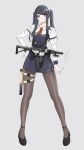  1girl absurdres bartender cigarette cocktail cocktail_glass colt_smg commentary_request copyright_name crossover cup drinking_glass eyebrows_visible_through_hair girls_frontline gun handgun highres holstered_weapon jill_stingray long_hair magazine_(weapon) miniskirt necktie pantyhose purple_hair red_eyes ro635 rynn_(user_rkgs8583) scope skirt smoking solo twintails va-11_hall-a weapon 