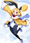  1girl absurdres animal_ears animal_slippers blonde_hair bunny_slippers commentary_request disgaea earmuffs full_body fur-trimmed_sleeves fur_trim highres igarashi_gozo jacket leotard looking_at_viewer makai_senki_disgaea_5 open_mouth pantyhose purple_eyes rabbit_ears scarf short_hair slippers smile solo usalia_(disgaea) 