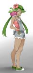  1girl absurdres bangs bare_shoulders blank_eyes bounsweet breasts collarbone crossed_legs dark_skin flower from_side full_body gen_7_pokemon gradient gradient_background green_footwear green_hair green_hairband grey_background hair_flower hair_ornament hairband hands_in_pockets happy highres long_hair looking_at_viewer mao_(pokemon) open_mouth pink_flower pink_shirt pokemon pokemon_(creature) pokemon_(game) pokemon_on_shoulder pokemon_sm shiny shiny_hair shiny_skin shirt shoes simple_background small_breasts smile solo_focus standing strapless_shirt swept_bangs teeth tied_hair trial_captain turiganesou800 twintails yellow_eyes 
