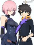  1boy 1girl :d absurdres armored_leotard belt belt_buckle black_belt black_hair black_leotard blue_eyes breasts breasts_apart buckle closed_mouth copyright_name elbow_gloves fate/grand_order fate_(series) fujimaru_ritsuka_(male) gloves hair_over_one_eye highres leotard looking_at_viewer mash_kyrielight open_mouth pink_hair purple_eyes purple_gloves scarf shiny shiny_hair short_hair small_breasts smile standing twitter_username user_smgj5887 wristband 