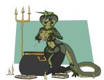 anthro big_breasts bodily_fluids breast_squish breasts candle candlestick cauldron claws clothing clothing_aside female garter_belt garter_straps green_body green_scales hi_res kneeling lactating legwear long_tail looking_at_viewer masturbation milk nipples non-mammal_breasts non-mammal_nipples open_book panties panties_aside prehensile_tail reptile scales scalie smile snake snake_hood solo spikes squish tail tail_fetish tail_masturbation tail_play thigh_highs toe_claws underwear underwear_aside vaginal vaginal_masturbation zed-s