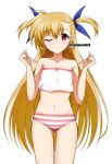  1girl blonde_hair blush camisole collar covered_nipples eyebrows_hidden_by_hair highres long_hair looking_at_viewer lyrical_nanoha mahou_shoujo_lyrical_nanoha_vivid midriff navel one_eye_closed oshimaru026 panties red_eyes ribbon solo strap_lift striped_clothes striped_panties two_side_up underwear very_long_hair vivio white_background 