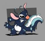 2024 4_arms 4_fingers 4_toes alien alternate_species ambiguous_gender antennae_(anatomy) black_eyes blue_body blue_claws blue_fur blue_pawpads claws colored_sketch digital_drawing_(artwork) digital_media_(artwork) disney experiment_(lilo_and_stitch) feet finger_claws fingers flat_colors fluffy fluffy_tail fur grey_background hi_res leg_markings lilo_and_stitch male markings multi_arm multi_limb pawpads red_nose simple_background sketch smunky_skunk solo standing tail tail_spines toe_claws toes tooniestskunk white_body white_fur