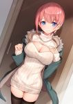  1girl bison_cangshu black_legwear blue_eyes breasts cleavage commentary_request cowboy_shot door dress dutch_angle fur_trim go-toubun_no_hanayome highres jacket large_breasts looking_at_viewer meme_attire nakano_ichika open-chest_sweater open_clothes open_jacket pink_hair ribbed_sweater short_hair smile solo standing sweater sweater_dress thighhighs turtleneck turtleneck_sweater white_sweater zettai_ryouiki 